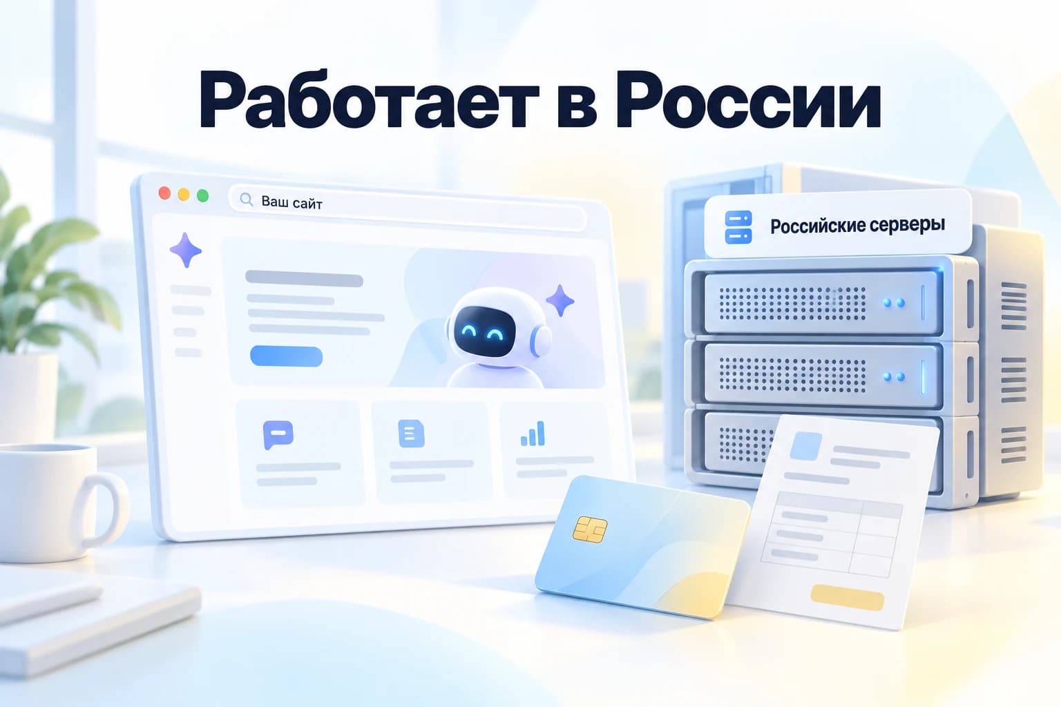 Иллюстрация: сайт, российские серверы, банковская карта и счёт на оплату